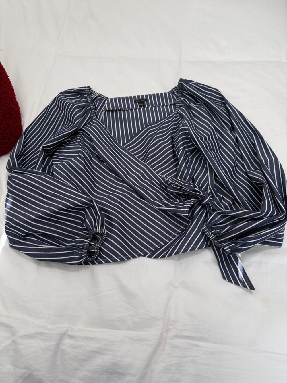 Ann Taylor Navy and White Striped Wrap Blouse with Balloon Sleeves